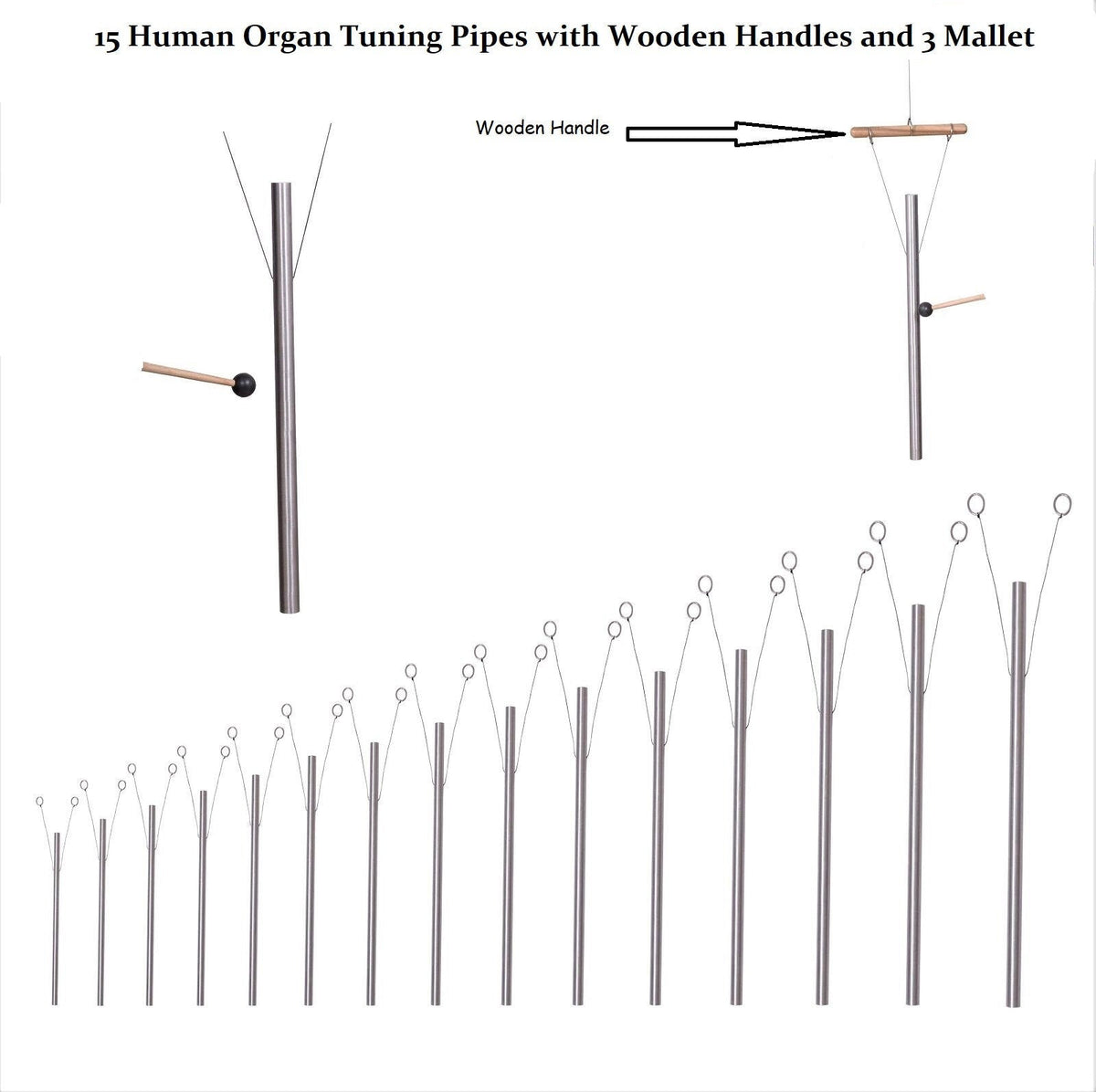 15 Human Organ Healing Tuning Pipes with Wood Hand Stands and 3 Mallets - Louder than Tuning Forks